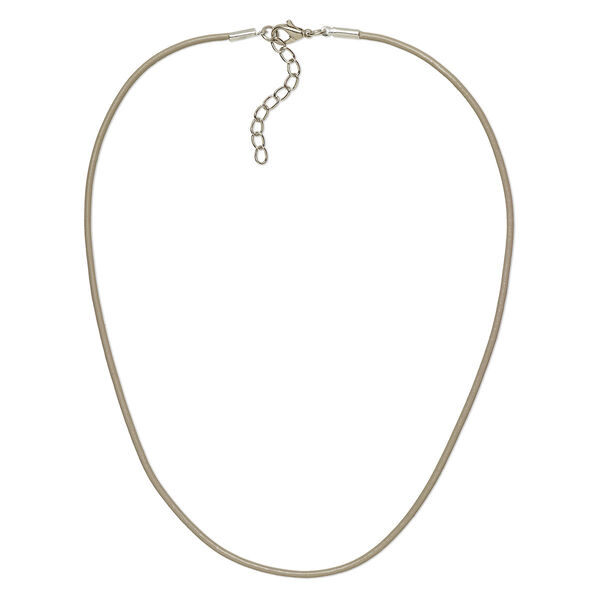 Necklace cord, leather and imitation rhodium-plated brass and steel, taupe, 2mm round, 24 inches with 2-inch extender chain and lobster claw clasp. Sold per pkg of 6. image number 0