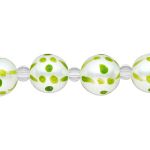 Bead, glass 1pkg8, opaque green and white, 12mm hand-painted round.