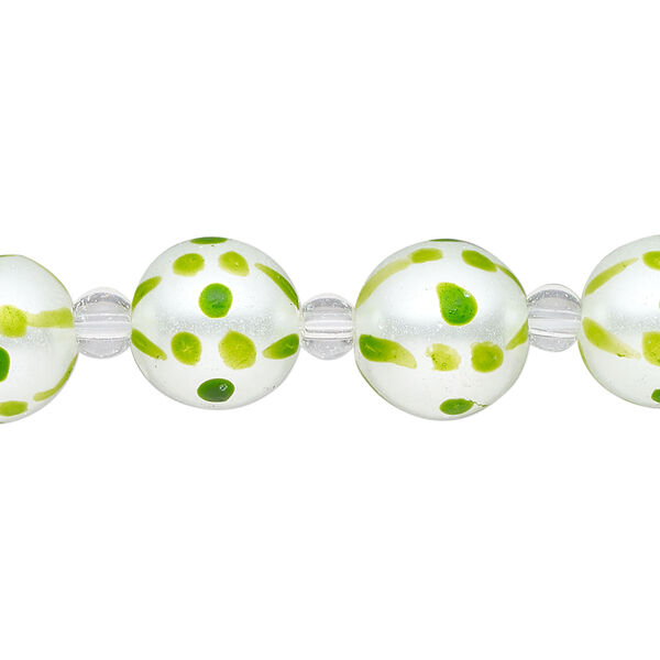 Bead, glass 1pkg8, opaque green and white, 12mm hand-painted round. image number 0