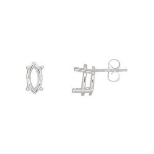 Earstud 1pkg2 Sure-Set™ sterling silver, 10x5mm marquise pre-notched 4-prong basket-style setting / earnuts, 1 pair