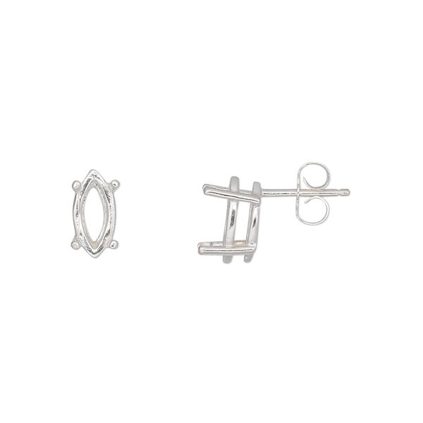 Earstud 1pkg2 Sure-Set™ sterling silver, 10x5mm marquise pre-notched 4-prong basket-style setting / earnuts, 1 pair image number 0