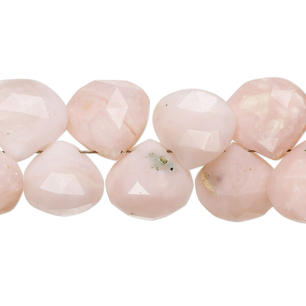 Bead, pink opal (natural), light to medium, 10mm-15x14mm graduated hand-cut top-drilled faceted puffed teardrop with 0.4-1.4mm hole, B grade, Mohs hardness 5 to 6-1/2. Sold per 8-inch strand, approximately 40 beads. image number 0