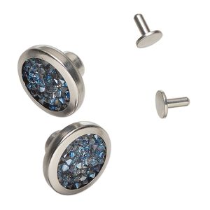 Jean button, Vintage Crystal™, imitation rhodium-finished brass and crystal, opaque Bermuda blue, 16.5mm round (1795/140). Sold per pkg of (2) 2-piece sets.