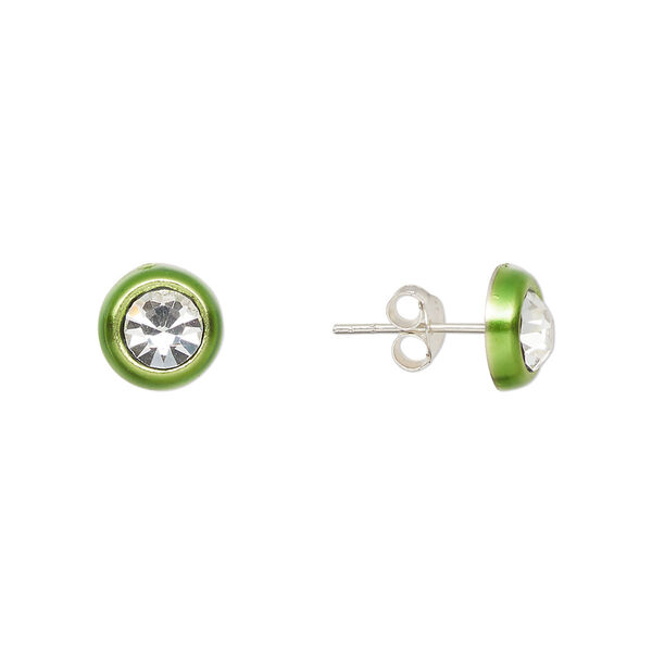 Earstud, Create Compliments®, enamel and sterling silver, peridot green, 8mm round. Sold per pair. image number 0