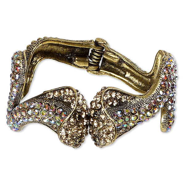 Bracelet, hinged bangle, glass rhinestone and antique gold-finished "pewter" (zinc-based alloy), orange AB and black, 23mm wide with double cobra design, 6 inches. Sold individually. image number 0