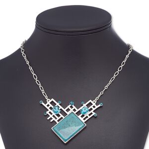 Necklace, glass rhinestone / glass / resin / silver-plated steel / "pewter" (zinc-based alloy), blue and teal, 2-3/4 x 2-1/4 inches with diamond, 18 inches with 2-inch extender chain and lobster claw clasp. Sold individually.