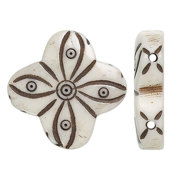 Spacer, bone (bleached), light, 24x24mm hand-carved 2-strand flower, Mohs hardness 2-1/2. Sold per pkg of 6. image number 0