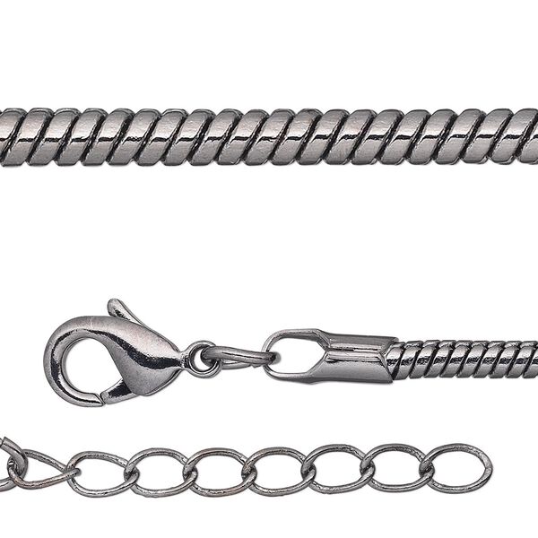Chain, gunmetal-plated brass, 2.5mm snake, 16 inches with 1-inch extender chain and lobster claw clasp. Sold per pkg of 2. image number 0