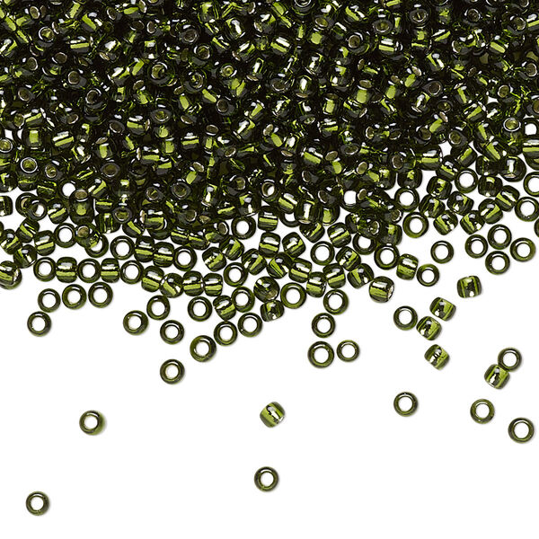 Seed bead, TOHO BEADS®, glass, pkg/7.5g, #11 round, transparent silver-lined olivine (TR-11-37). image number 0