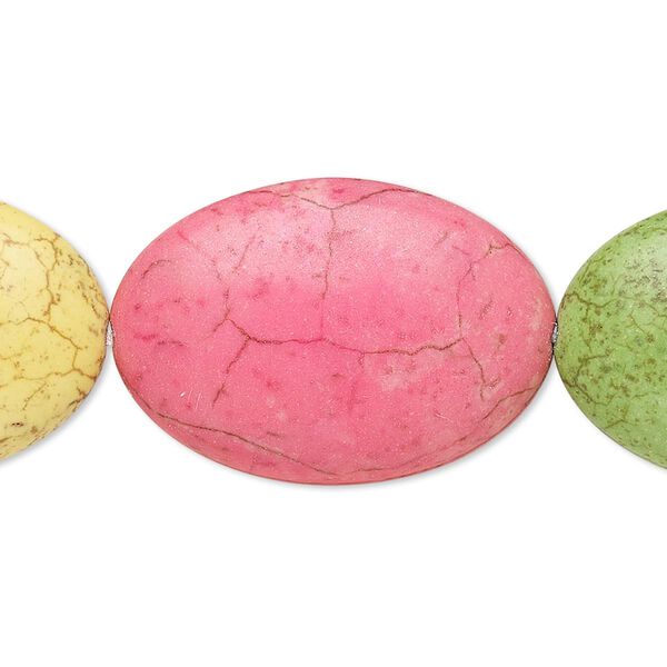 Bead, "howlite" (resin) (imitation), mixed colors, 29x20mm-30x20mm puffed oval. Sold per 8-inch strand. image number 0