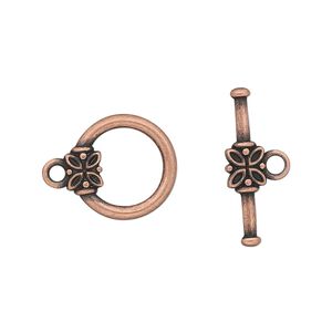 Clasp, toggle, antique copper-plated "pewter" (zinc-based alloy), 14mm round with flower. Sold per pkg of 10.
