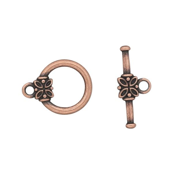 Clasp, toggle, antique copper-plated "pewter" (zinc-based alloy), 14mm round with flower. Sold per pkg of 10. image number 0