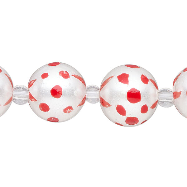 Bead, glass 1pkg8, opaque red and white, 14mm hand-painted round. image number 0