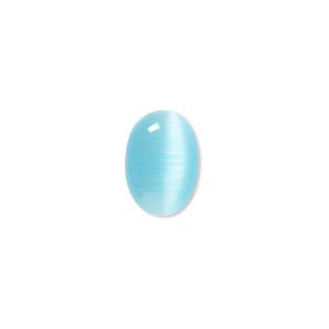 Cabochon, cat's eye glass (fiber optic glass), turquoise blue, 14x10mm calibrated oval, quality grade. Sold per pkg of 10.