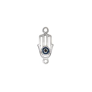 Link, color-coated sterling silver and enamel, dark blue and black, 11x8mm single-sided Hamsa hand. Sold individually.