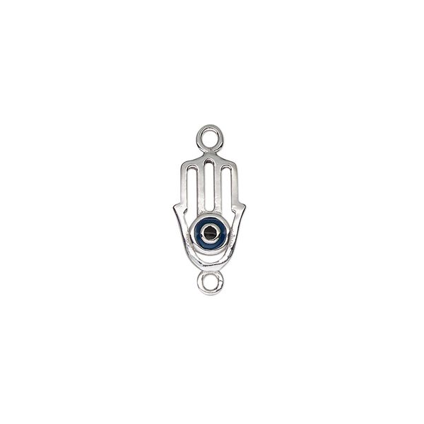 Link, color-coated sterling silver and enamel, dark blue and black, 11x8mm single-sided Hamsa hand. Sold individually. image number 0
