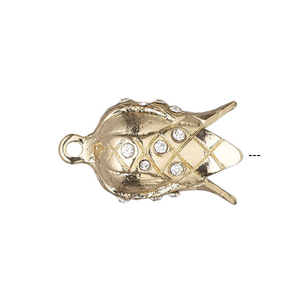 Cord end, glue-in, gold-finished "pewter" (zinc-based alloy) and glass rhinestone, clear, 21x14mm fancy bell, 7mm inside diameter. Sold per pkg of 2. image number 0