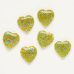 Bead, millefiori glass, translucent yellow / blue / white, 16-18mm half-drilled puffed heart. Sold per pkg of 6.
