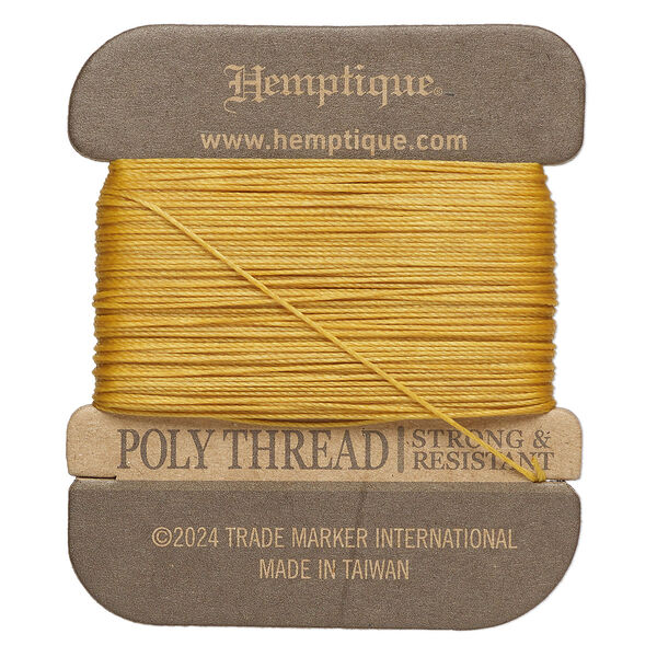 Thread, Hemptique®, polyester, pkg/32 yards, gold, 0.45mm 3-ply round. image number 0