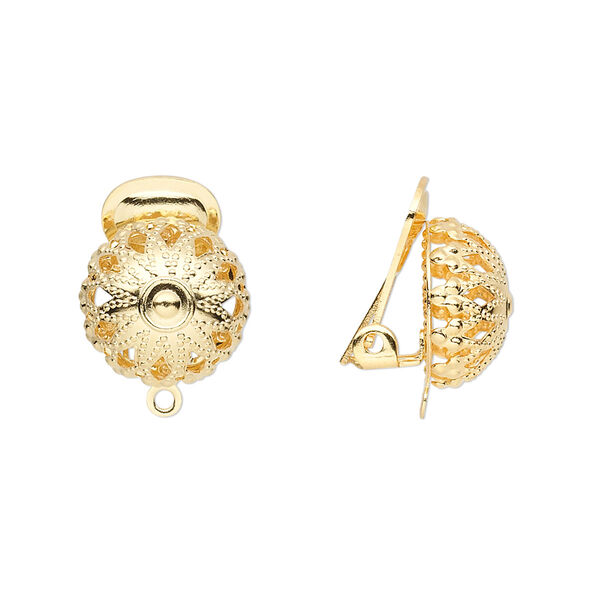 Earring, clip-on, gold-plated brass, 15x12mm with filigree half ball and closed loop. Sold per pkg of 5 pairs. image number 0