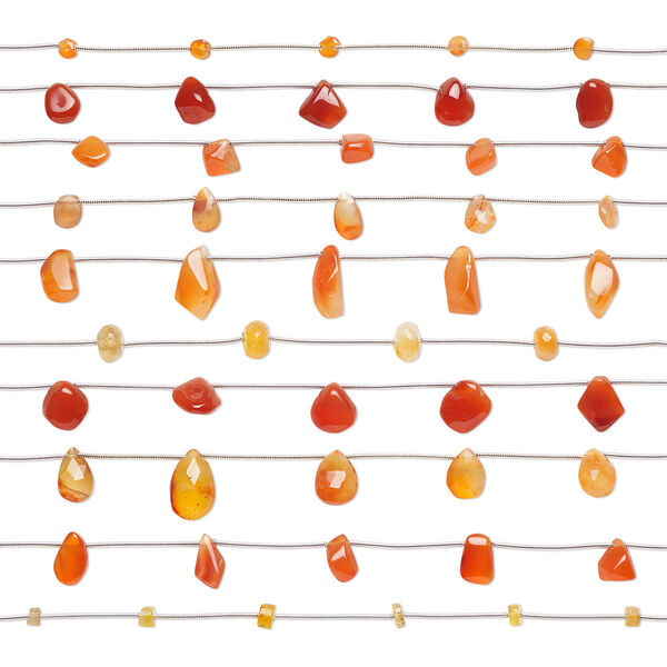 Bead, carnelian (dyed / heated), 4x2mm-16x13mm hand-cut mixed shapes with 0.4-1.4mm hole, C grade, Mohs hardness 6-1/2 to 7. Sold per pkg of (10) 4-1/2 inch strands. image number 0