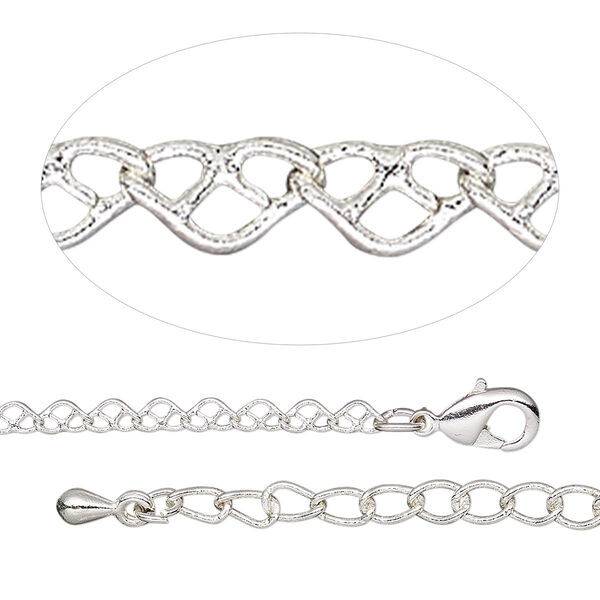 Chain, silver-plated brass, 2.6mm heart, 18 inches with 2-inch extender chain and lobster claw clasp. Sold individually. image number 0