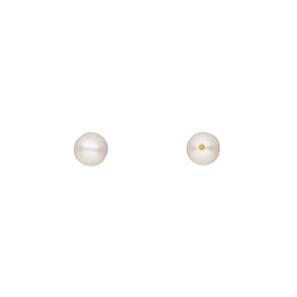 Pearl, cultured saltwater (bleached), white to light mauve or peach, 4-4.5mm half-drilled round, B- grade, Mohs hardness 2-1/2 to 4. Sold per pair. image number 0