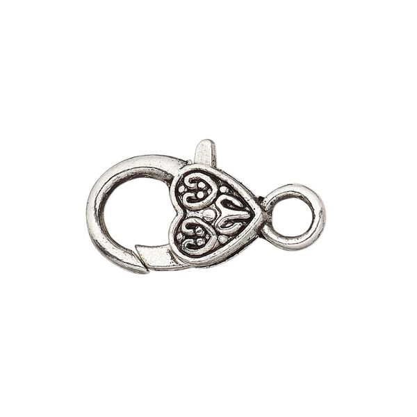 Clasp, lobster claw, antique silver-plated "pewter" (zinc-based alloy), 19.5x12.5mm with double-sided fancy heart design. Sold per pkg of 8. image number 0