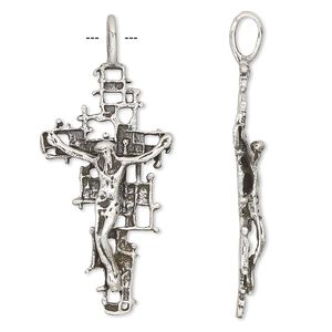 Pendant, antiqued sterling silver, 46x20mm modern crucifix. Sold individually.