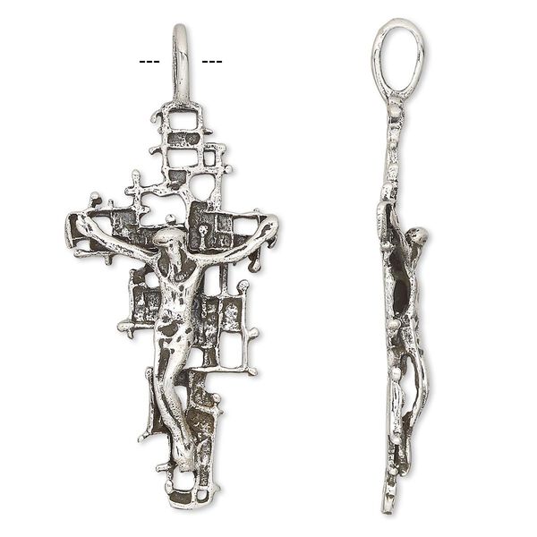 Pendant, antiqued sterling silver, 46x20mm modern crucifix. Sold individually. image number 0