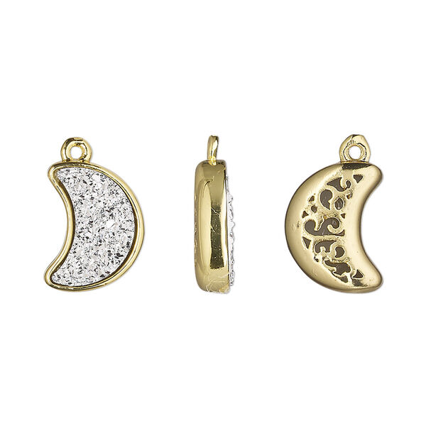 Drop, Druzylite™, "druzy" (resin) and gold-finished brass, silver, 14x10mm two-sided moon with open filigree back. Sold per pkg of 4. image number 0