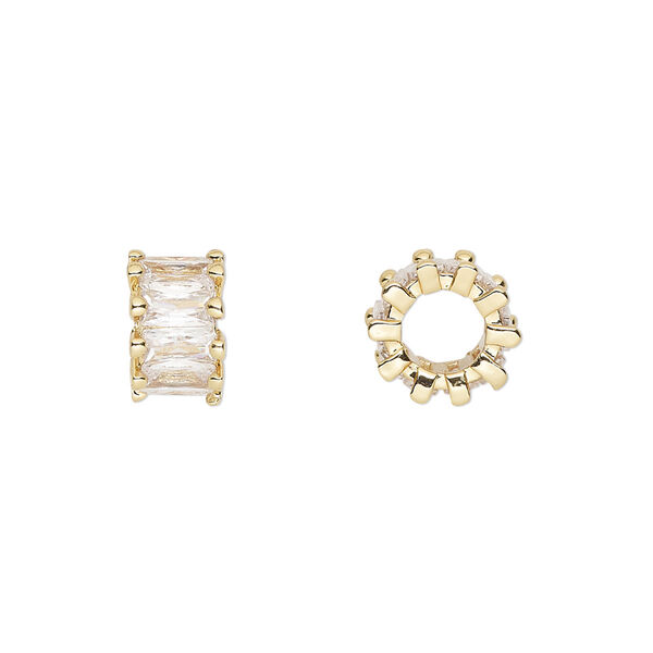 Bead, cubic zirconia and gold-plated brass, clear, 10.5x6mm rondelle. Sold per pkg of 2. image number 0