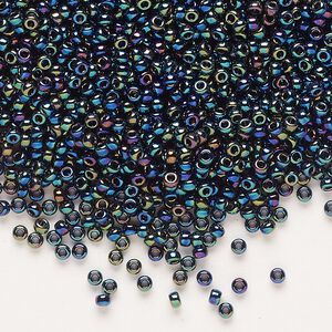 Seed bead, Miyuki, glass, pkg/250g, #11 rocaille, opaque rainbow black, (RR-455).