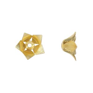 Bead cap, gold-finished steel, 14x6mm flower, fits 6-8mm round bead. Sold per pkg of 20.