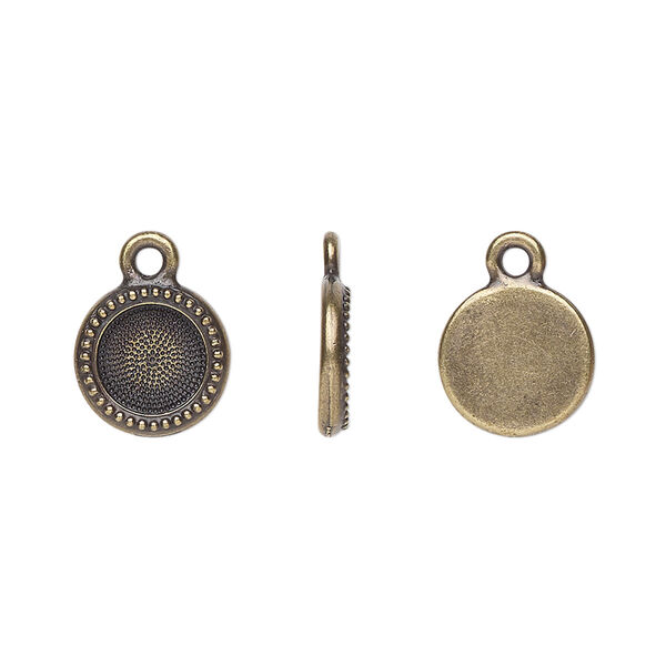 Drop, TierraCast®, Almost Instant Jewelry®, antique brass-plated pewter (tin-based alloy), 10mm round with beaded edge and SS34 round glue-in setting (2088). Sold per pkg of 20. image number 0