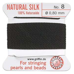 Thread, Griffin, silk, black, size #8. Sold per 2-meter card (approximately 78 inches).