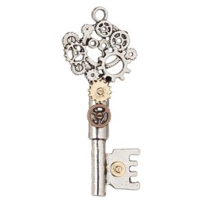 Focal, antique gold- / copper- / silver-finished "pewter" (zinc-based alloy), 2-1/2 x 1 inch single-sided gear key. Sold individually.