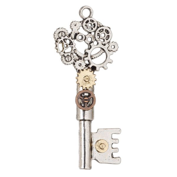 Focal, antique gold- / copper- / silver-finished "pewter" (zinc-based alloy), 2-1/2 x 1 inch single-sided gear key. Sold individually. image number 0