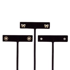 Earring, acrylic pearl / glass rhinestone / stainless steel / gold-finished steel / "pewter" (zinc-based alloy), clear and white, 4mm round / 9x9mm flower / 10x7mm bow with post. Sold per pkg of 3 pairs.