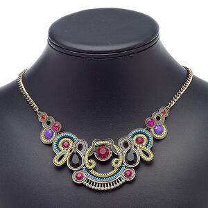 Necklace, acrylic / resin / antique gold-finished steel / aluminum / "pewter" (zinc-based alloy), multicolored, 17 inches with 3-inch extender chain and lobster claw clasp. Sold individually.