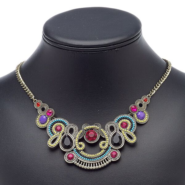 Necklace, acrylic / resin / antique gold-finished steel / aluminum / "pewter" (zinc-based alloy), multicolored, 17 inches with 3-inch extender chain and lobster claw clasp. Sold individually. image number 0