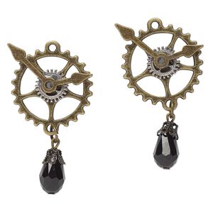 Focal, silver- / antique brass-finished "pewter" (zinc-based alloy) / plastic, black, 45x24mm overall with 24mm single-sided gear clock. Sold per pkg of 2.