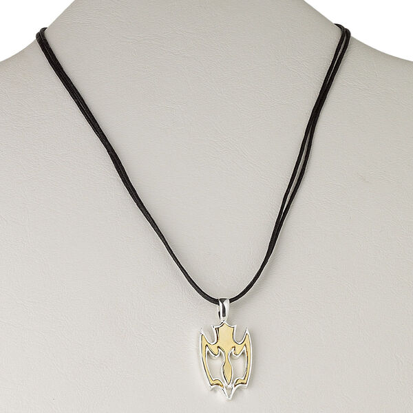 Necklace, 2-strand, waxed cotton cord with gold- and silver-plated brass, black, 29x20mm bat, 16 inches with 3-inch extender chain and lobster claw clasp. Sold individually. image number 0