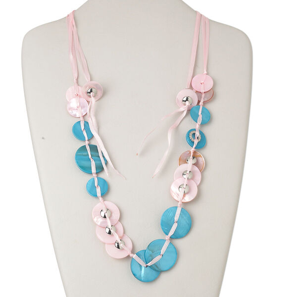 Necklace, freshwater pearl shell (dyed) / ribbon / silver-coated plastic, blue and pink, flat round, adjustable from 16-40 inches with macramé tie closure. Sold individually. image number 0