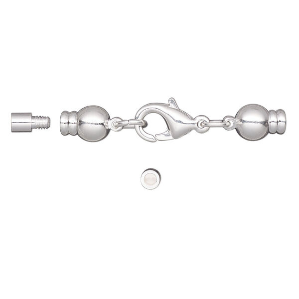 Clasp, lobster claw, silver-plated brass, 37x7mm with 13x7mm and 8x6mm twist-off cord ends, 2mm inside diameter. Sold per 3-piece set. image number 0
