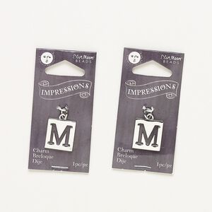 Drop, silver-finished "pewter" (zinc-based alloy) and steel, 16x15mm flat square with cutout alphabet letter "M." Sold per pkg of 2.