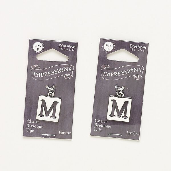 Drop, silver-finished "pewter" (zinc-based alloy) and steel, 16x15mm flat square with cutout alphabet letter "M." Sold per pkg of 2. image number 0