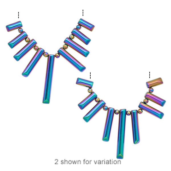 Focal, electroplated Hemalyke™ (man-made), rainbow, 4mm round and 14x6mm-40x6mm graduated tube fan. Sold per 17-piece set. image number 0