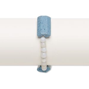 Bracelet, stretch, glass and acrylic, opaque grey and blue, 5mm round and 24x15mm-25x15mm faceted puffed rectangle, 7 inches. Sold individually.