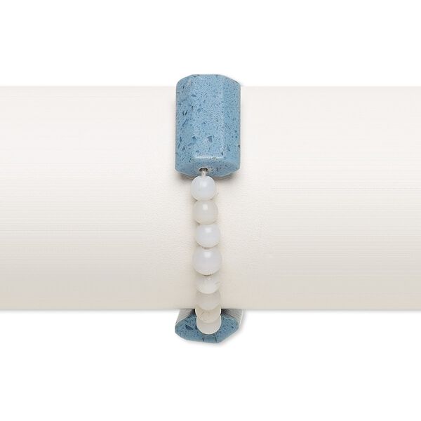 Bracelet, stretch, glass and acrylic, opaque grey and blue, 5mm round and 24x15mm-25x15mm faceted puffed rectangle, 7 inches. Sold individually. image number 0